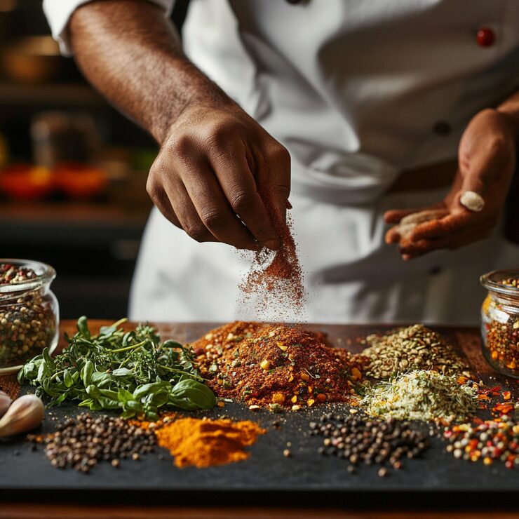 chef preparing spice rub meat with various spices herbs 995578 48758